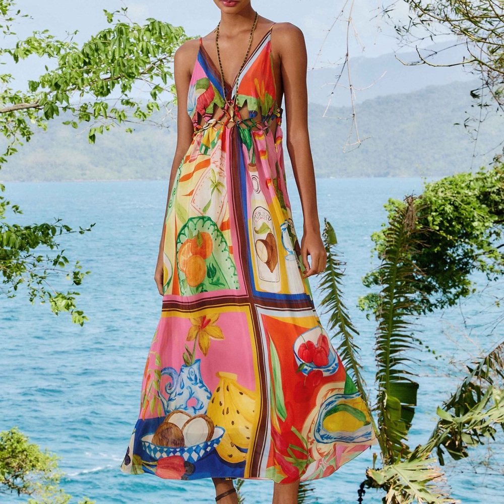Multicolor Summer Picnic Macrame Yoke Maxi Dress